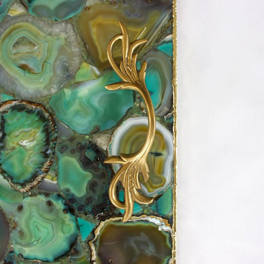 Light Green Agate Serving Tray With Brass Handles | Square-1