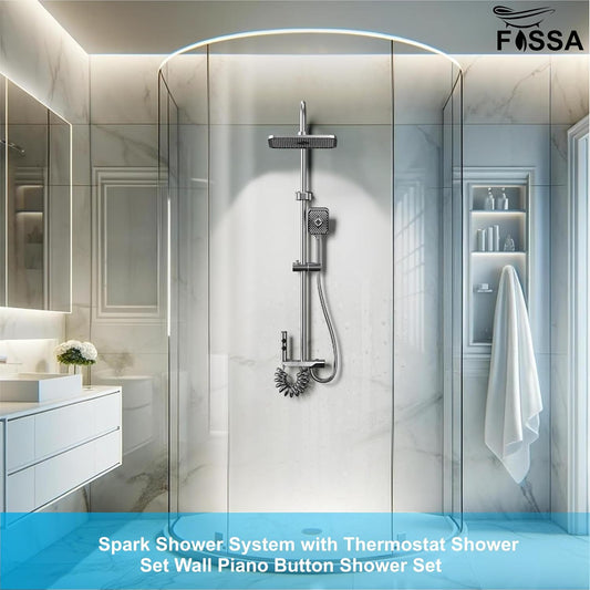 Fossa Spark Shower System with Thermostat Shower Set Wall Piano Button Shower Set Height Adjustable Rain Shower Set with Shower Fitting, 12 Inch Shower Head, Hand Shower, Bidet Spray, Gun (Grey) ( Heavy Weight )-1
