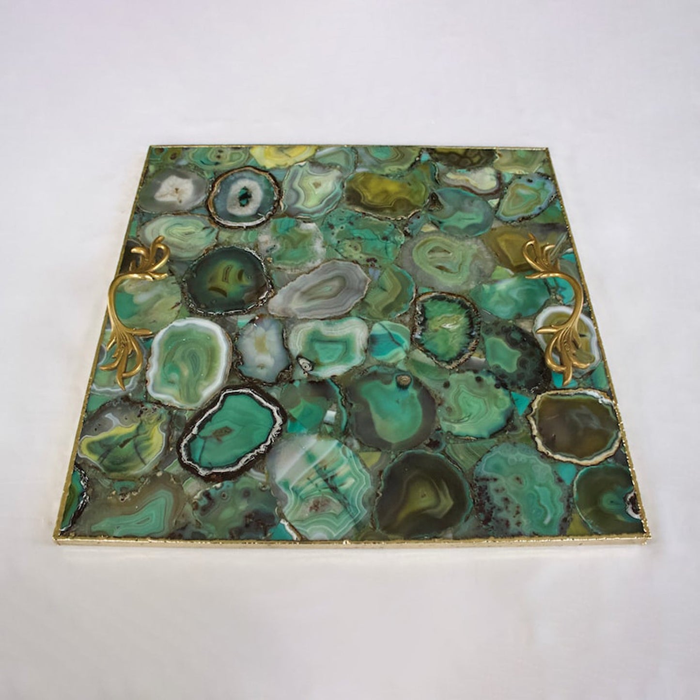 Light Green Agate Serving Tray With Brass Handles | Square-2