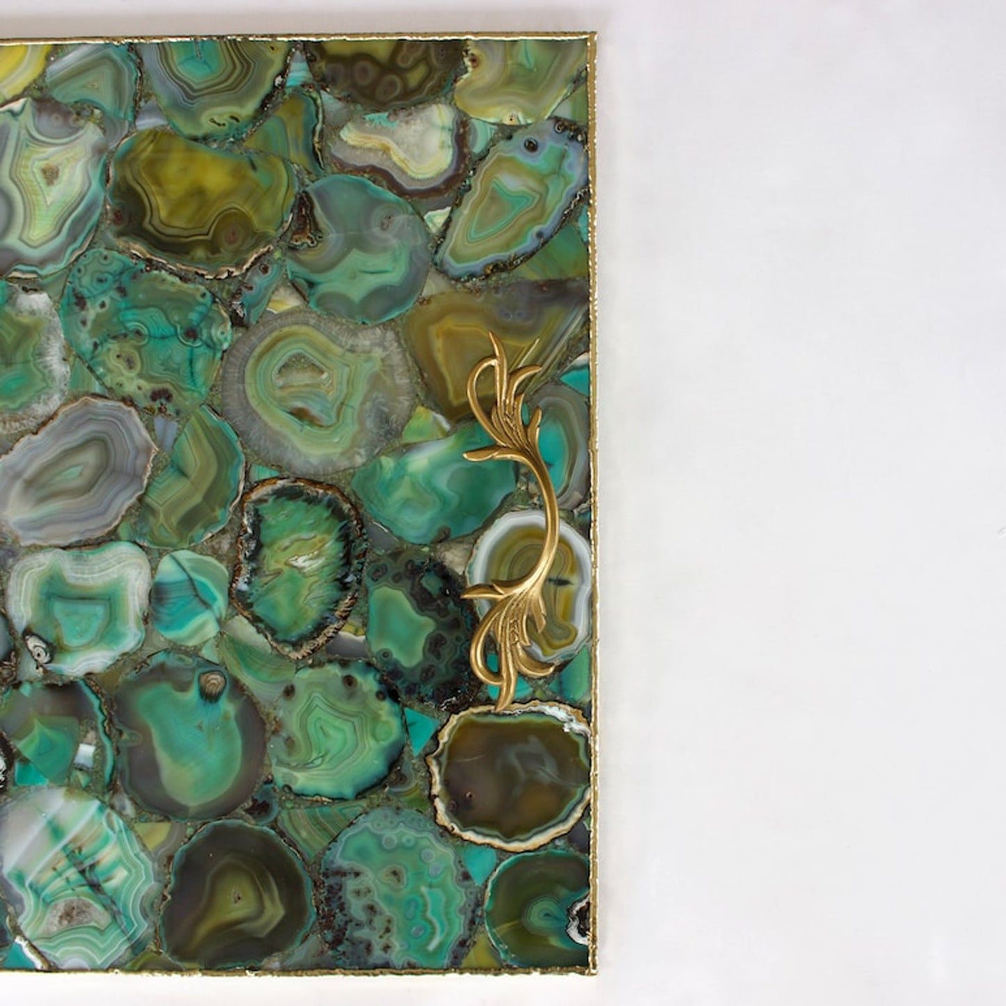 Light Green Agate Serving Tray With Brass Handles | Square-3