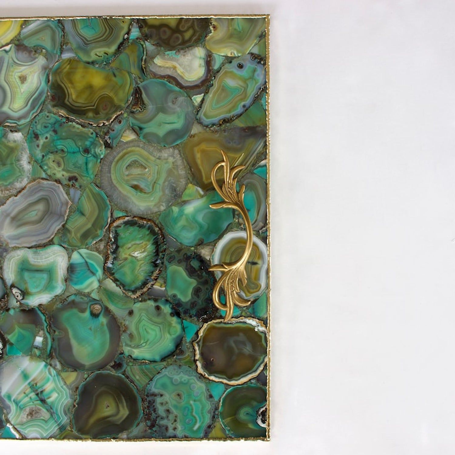 Light Green Agate Serving Tray With Brass Handles | Square-3