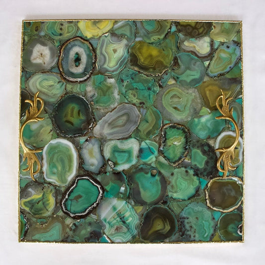 Light Green Agate Serving Tray With Brass Handles | Square-0