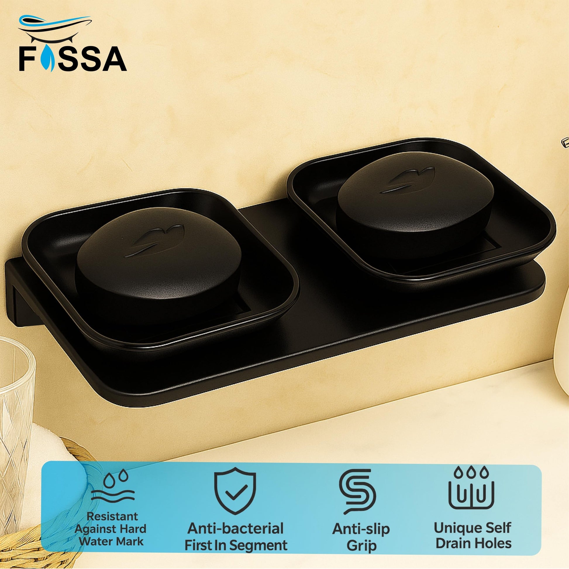 Fossa Classic Ceramic Unbreakable Wall Mounted Double Soap Dish for Bathroom – Soap Holder with Self-Drain, Rust-Proof & Space-Saving Design | Modern Bathroom Accessories (Black)-2